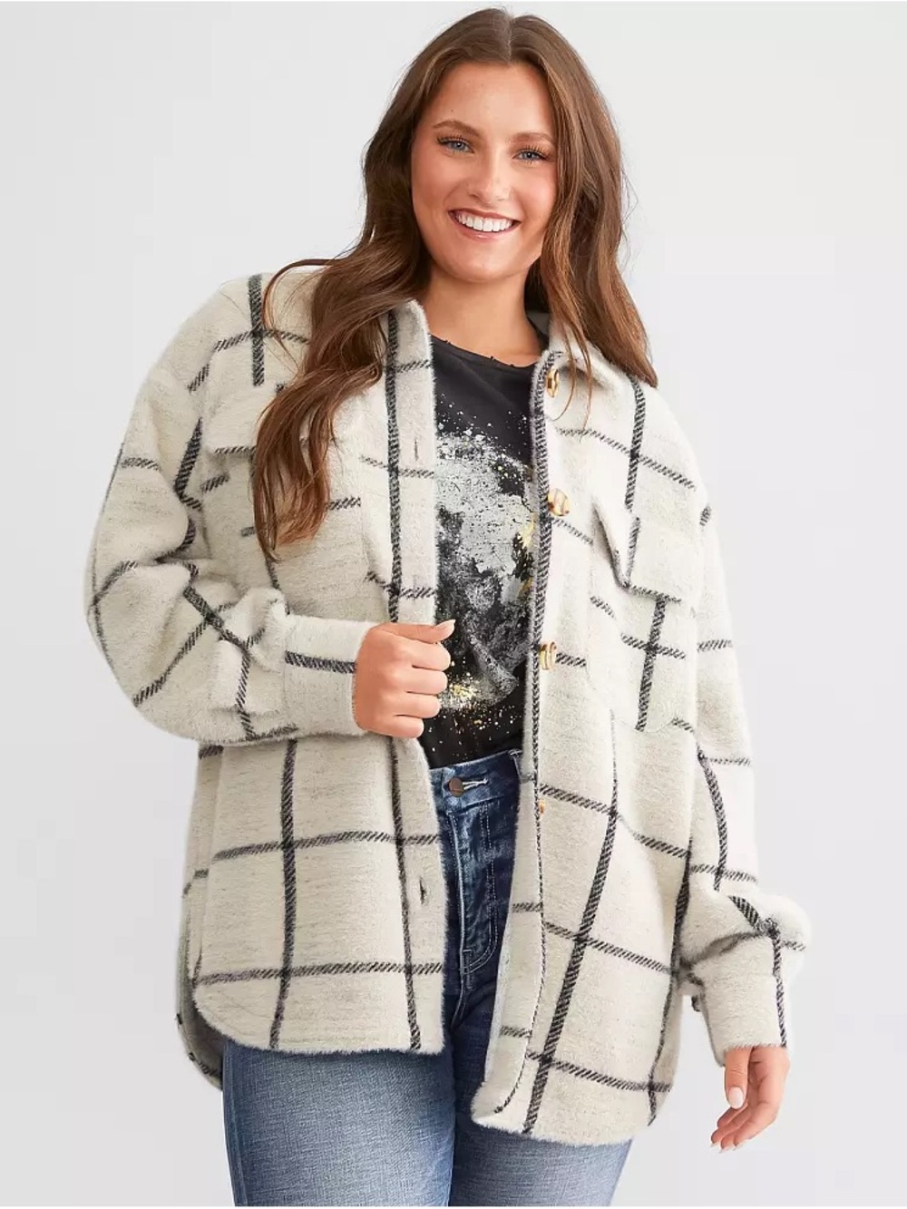 Z Supply Cozy Ivory Plaid Shacket Jacket - Black Windowpane